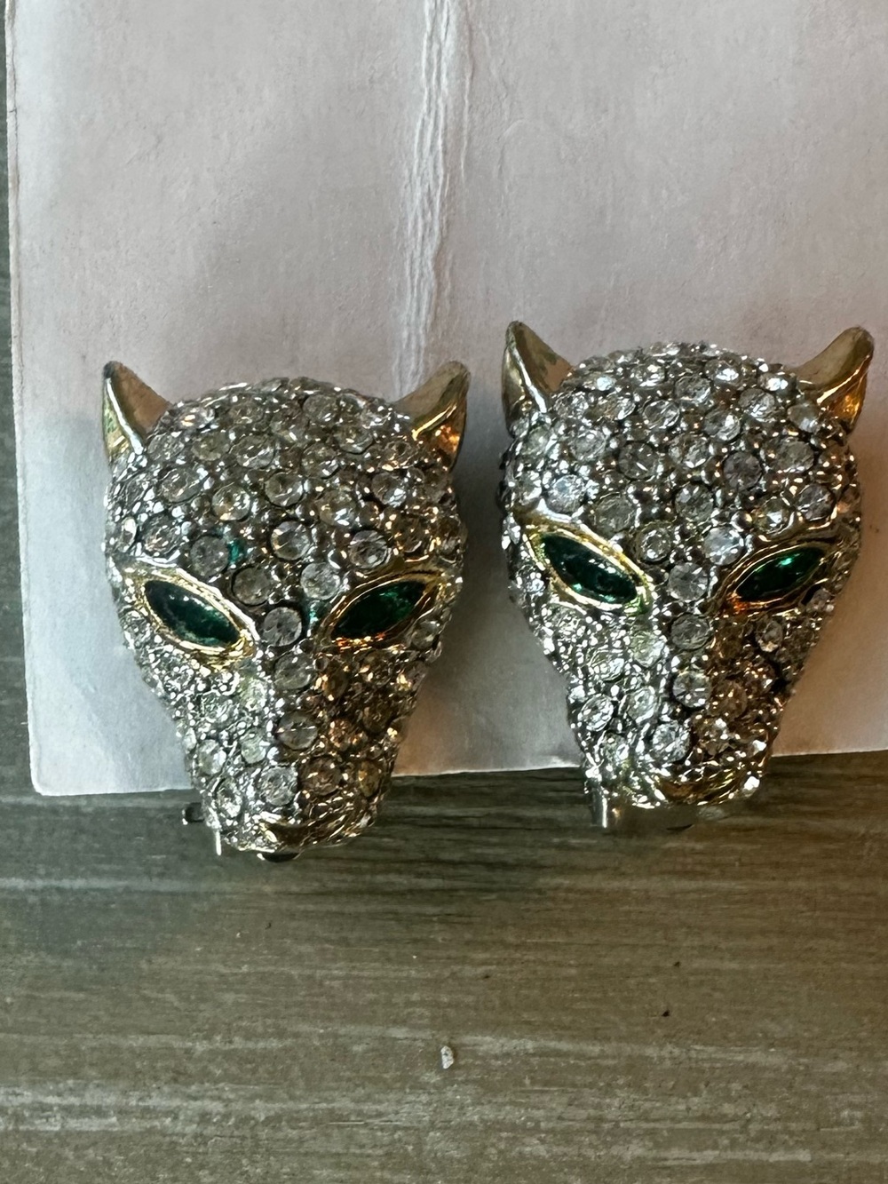 Crystal Panther Head Clip-On Earrings with Green Eyes